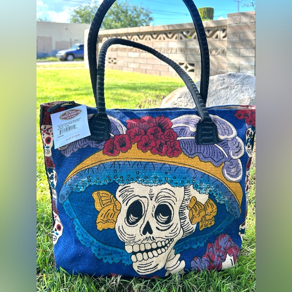 Cotton Stencil Day of the Dead Skull Design Tote Bag NWT